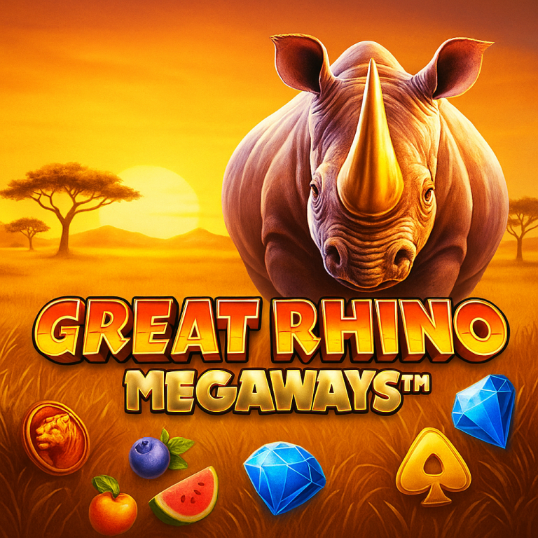 Ilustrasi digital promosi game slot Great Rhino Megaways dengan latar safari dan simbol badak emas.