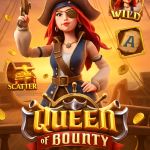 Ilustrasi digital promosi permainan slot Queen of Bounty dengan nuansa bajak laut, menampilkan tokoh wanita pemberani dan harta karun mengkilap