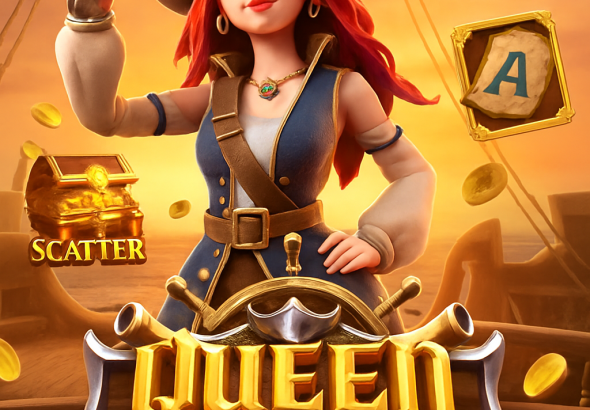 Ilustrasi digital promosi permainan slot Queen of Bounty dengan nuansa bajak laut, menampilkan tokoh wanita pemberani dan harta karun mengkilap