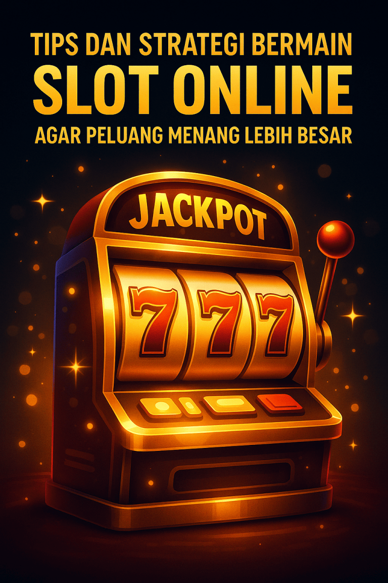 Ilustrasi digital mesin slot futuristik dengan efek jackpot emas, koin berkilau, dan cahaya neon biru-merah bernuansa kasino modern.