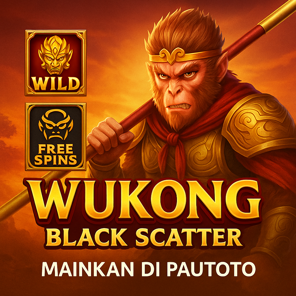 Ilustrasi Wukong Black Scatter dengan latar promosi PAUTOTO untuk panduan bermain slot online