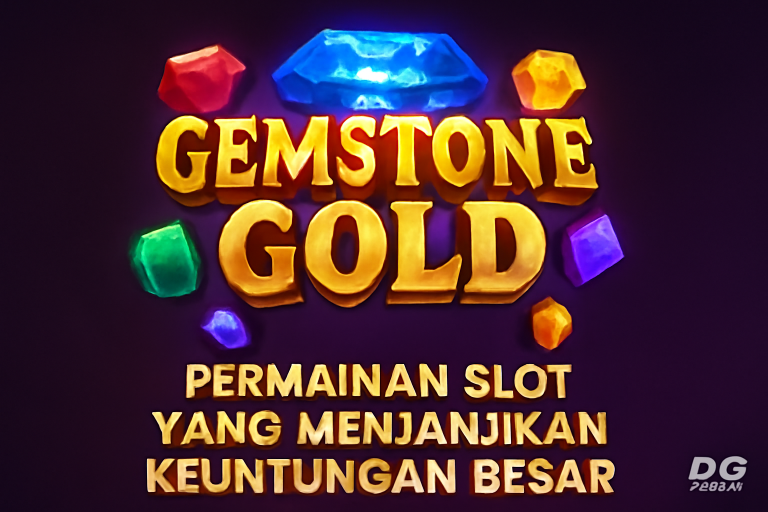 menampilkan judul game dengan warna emas dan merah terang, disertai dengan batu permata berwarna-warni di latar belakang ungu, serta pesan yang mengajak pemain untuk meraih keuntungan besar.