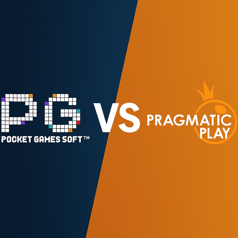Ilustrasi modern perbandingan PG Soft dan Pragmatic Play dengan nuansa futuristik, menampilkan elemen grafis kasino klasik dan gaya visual 3D digital.
